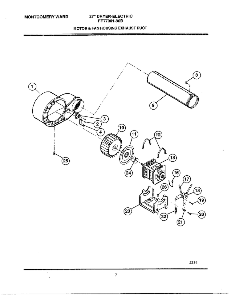 Motor And Fan Housing Exhaust Duct Diagram and Parts List for FFT7001-80B  Frigidaire Dryer