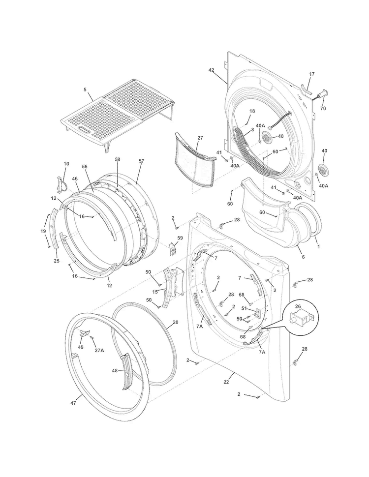 Front Panel/lint Filter Diagram and Parts List for EIMED60LT2  Electrolux Dryer