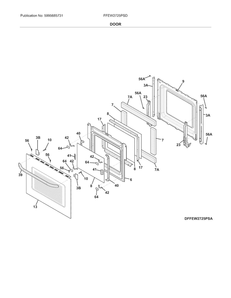 Door Diagram and Parts List for FFEW2725PSD  Frigidaire Wall Oven