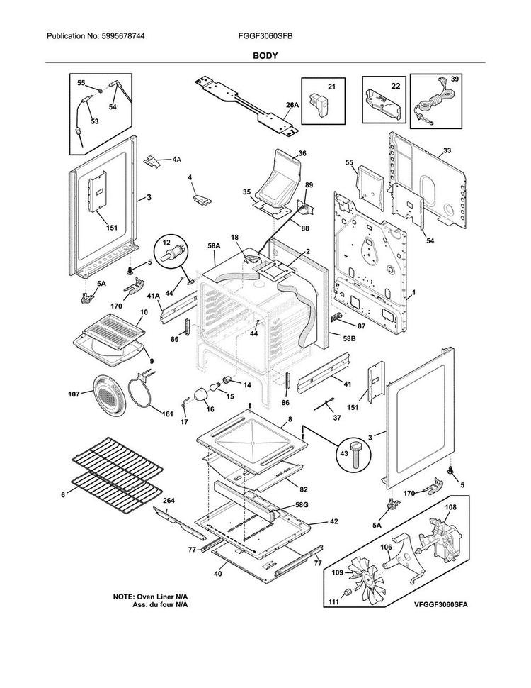 Body Diagram and Parts List for FGGF3060SFB  Frigidaire Range