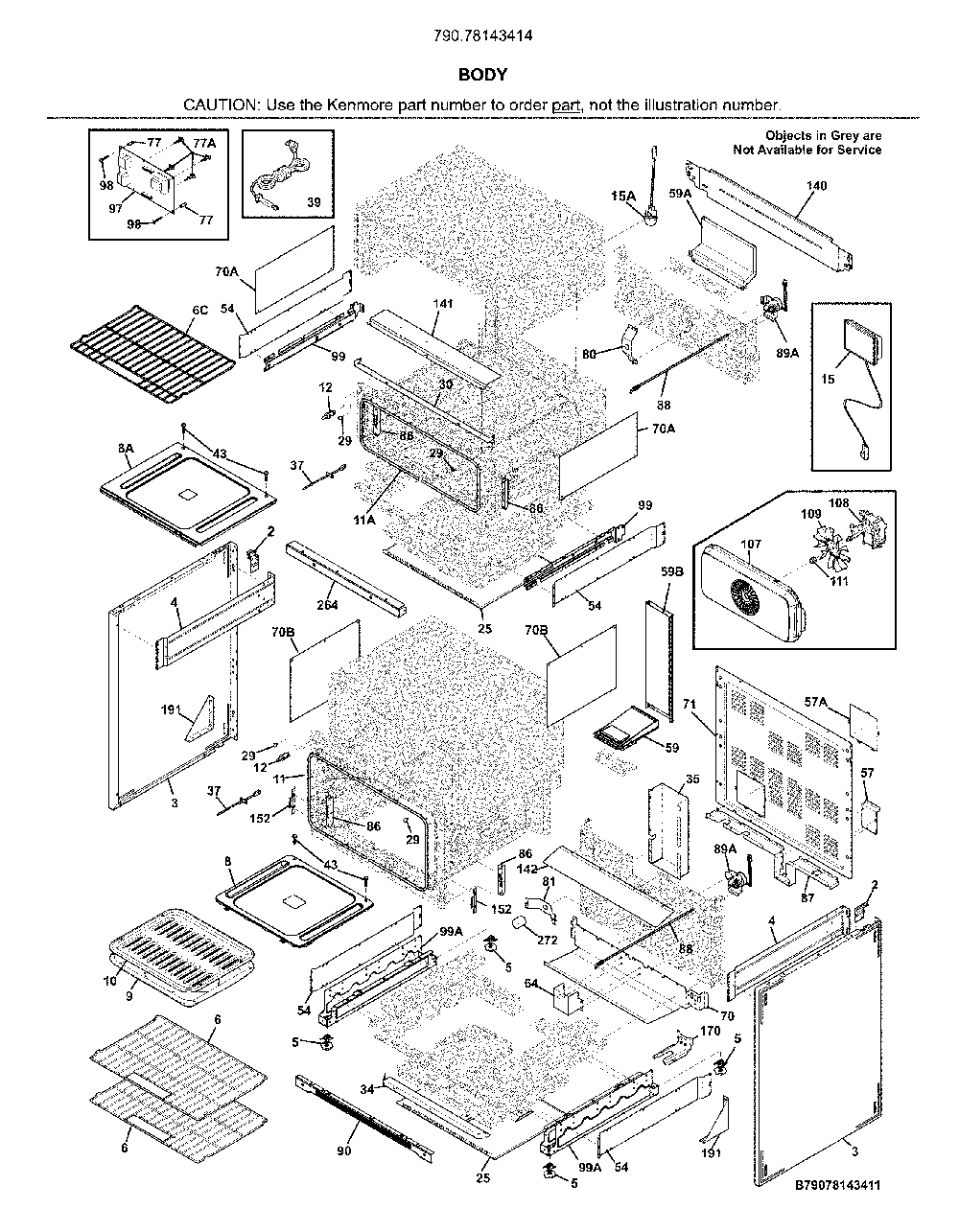 Body Diagram and Parts List for 79078143414  Kenmore Range