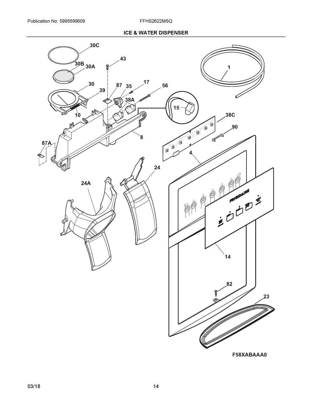 Ice & Water Dispenser Diagram and Parts List for FFHS2622MSQ  Frigidaire Refrigerator