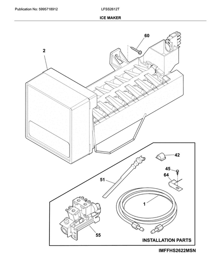Ice Maker Diagram and Parts List for LFSS2612TF3  Frigidaire Refrigerator