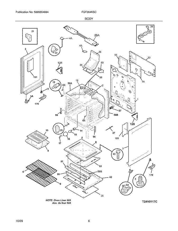 BODY Diagram and Parts List for FGF364KSC  Frigidaire Range