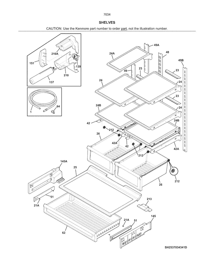 Shelves Diagram and Parts List for 2537034241D  Kenmore Refrigerator