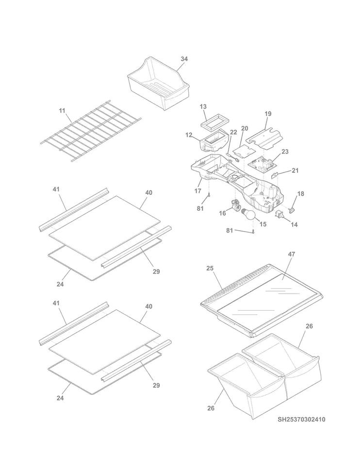 Shelves Diagram and Parts List for 25370409415  Kenmore Refrigerator