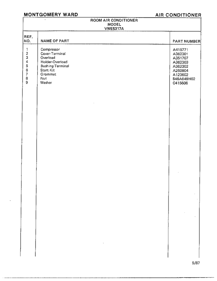 Air Conditioner Page 8 Diagram and Parts List for 5317A  Frigidaire Air Conditioner