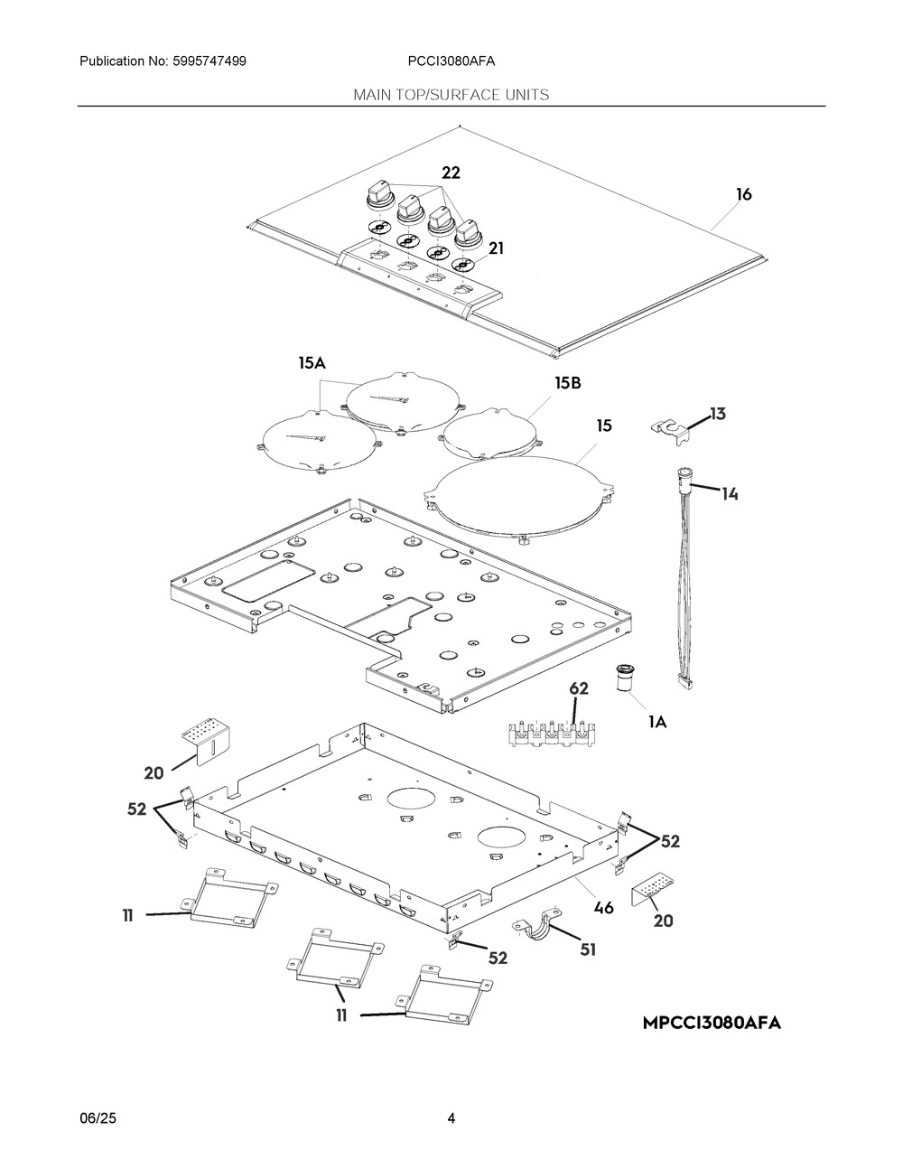 Main Top/Surface Units Diagram and Parts List for PCCI3080AFA  Frigidaire Range