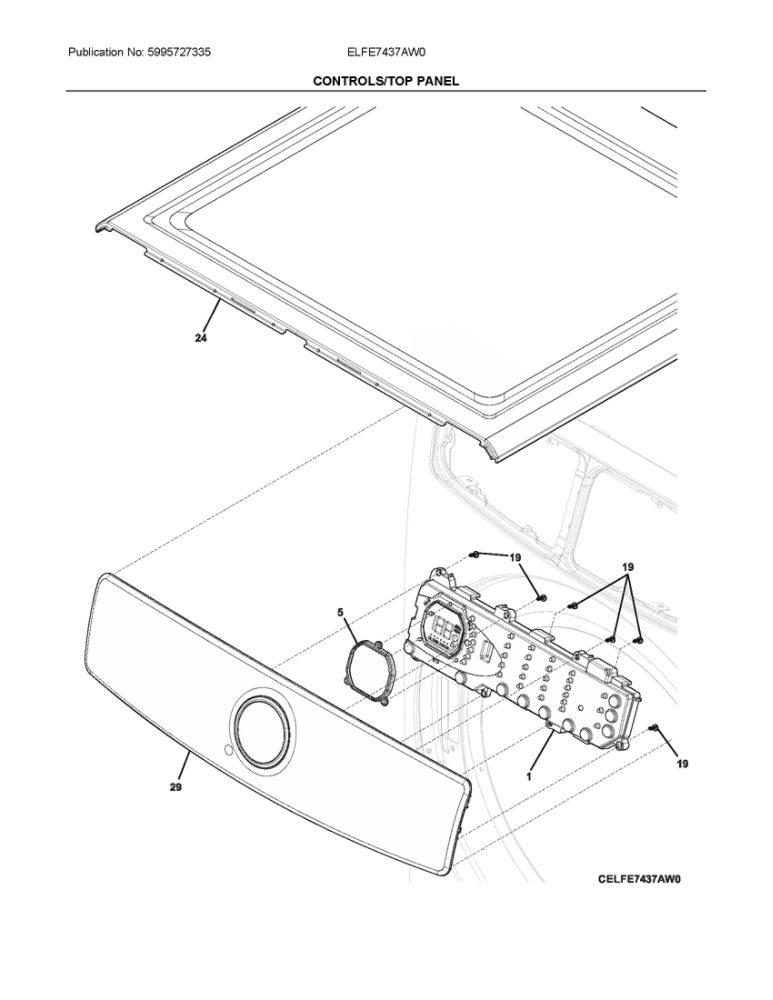 Controls/Top Panel Diagram and Parts List for ELFE7437AW0  Frigidaire Dryer