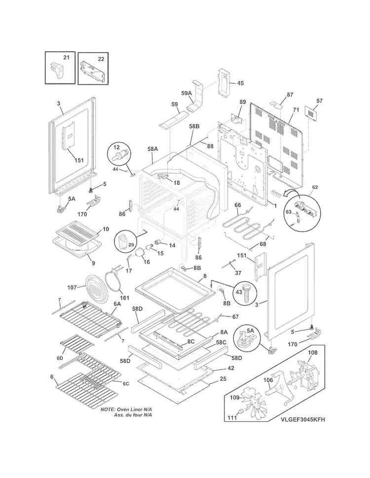 Body Diagram and Parts List for LGEF3045KFJ  Frigidaire Range