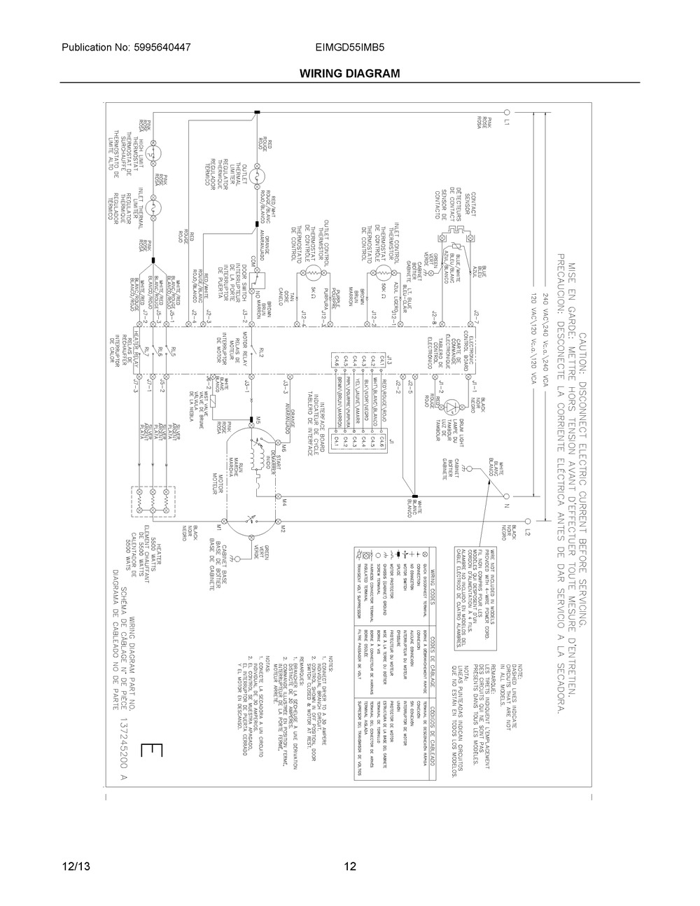 Wiring Diagram Diagram and Parts List for EIMGD55IMB5  Frigidaire Dryer