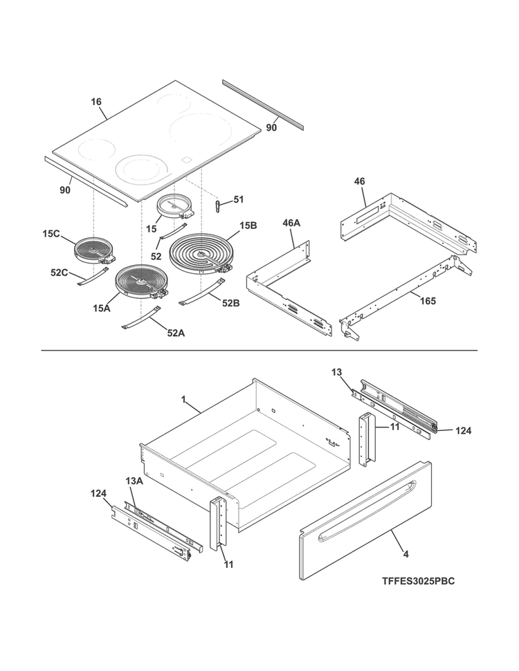 Top/drawer Diagram and Parts List for CFES3025PWD  Frigidaire Range