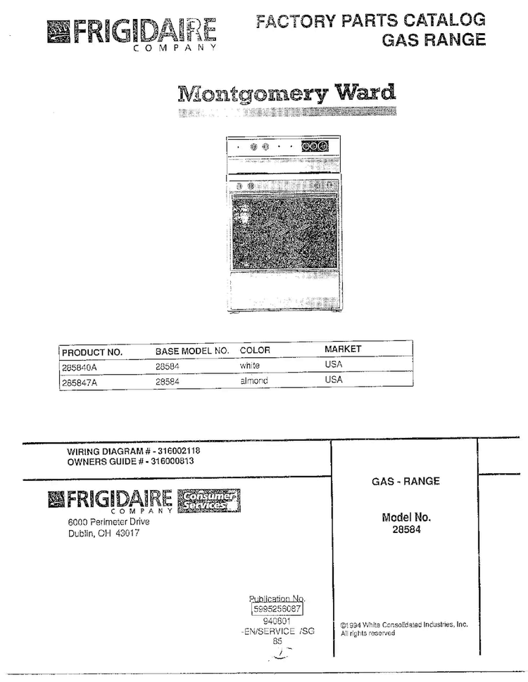 Gas Range/front Cover Diagram and Parts List for 285847A  Frigidaire Range