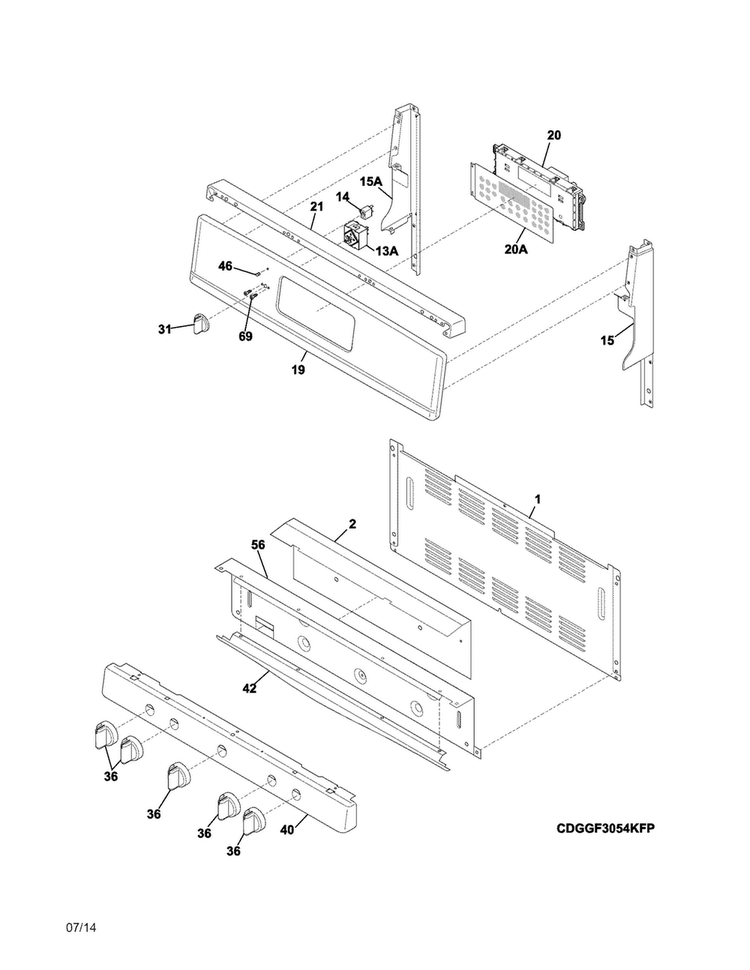 Backguard Diagram and Parts List for DGGF3054KFS  Frigidaire Range