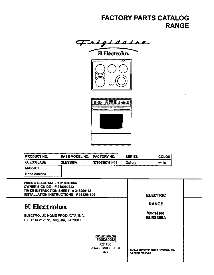 COVER Diagram and Parts List for GLES388ASE  Frigidaire Range