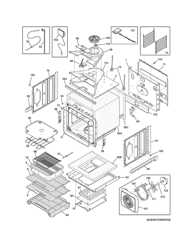Upper Oven Diagram and Parts List for EW27EW65PSB  Electrolux Wall Oven