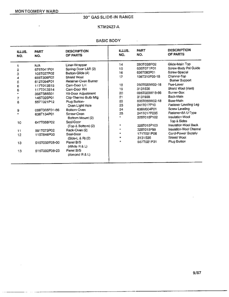 Basic Body Page 2 Diagram and Parts List for 2427A  Frigidaire Range