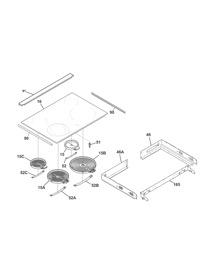 Main Top Diagram and Parts List for FFED3025PBA  Frigidaire Range
