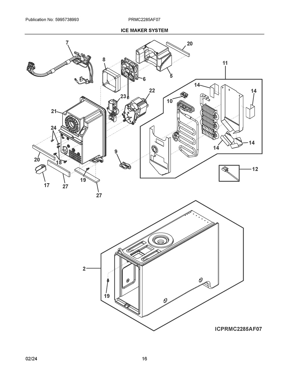 Ice Maker System Diagram and Parts List for PRMC2285AF07  Frigidaire Refrigerator