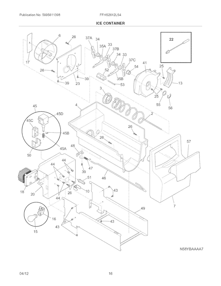 Ice Container Diagram and Parts List for FFHS2612LS4  Frigidaire Refrigerator