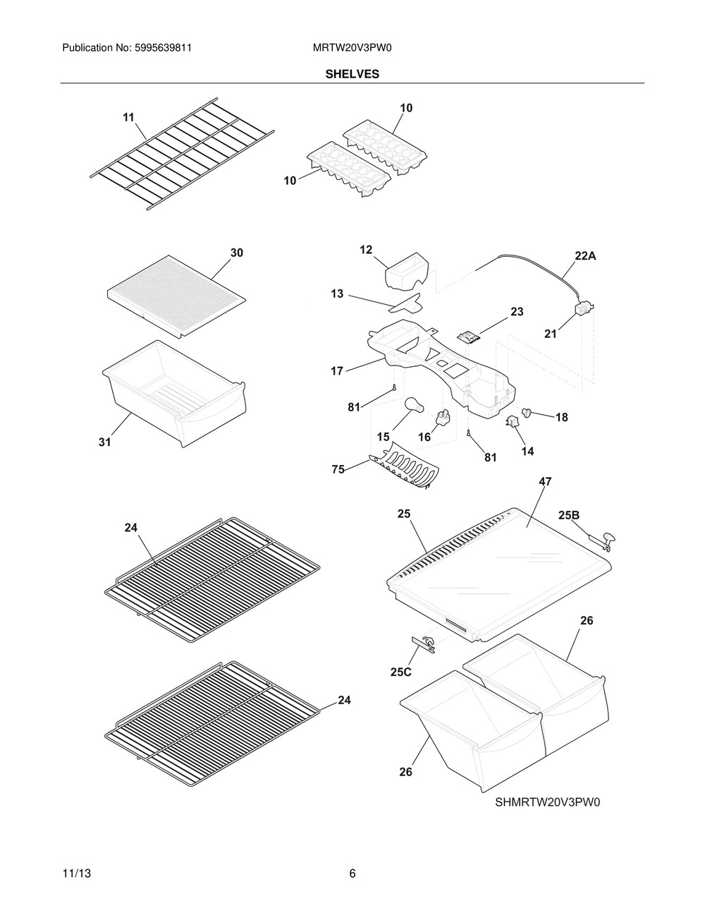 Shelves Diagram and Parts List for MRTW20V3PW0  Frigidaire Refrigerator