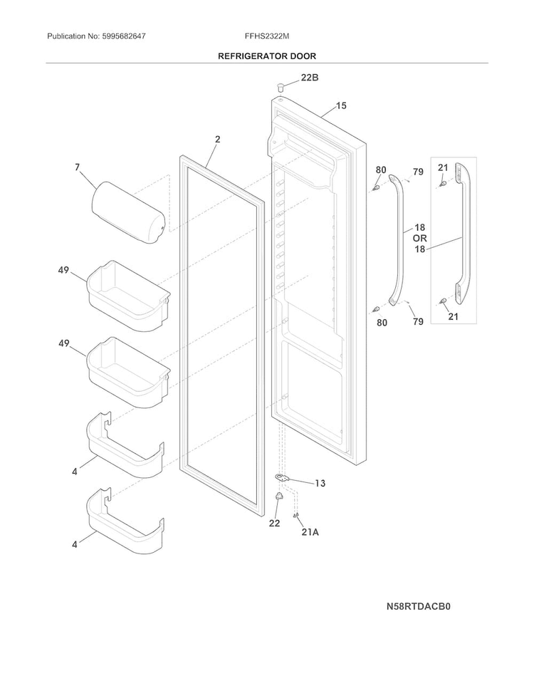 Refrigerator Door Diagram and Parts List for FFHS2322MSLA  Frigidaire Refrigerator