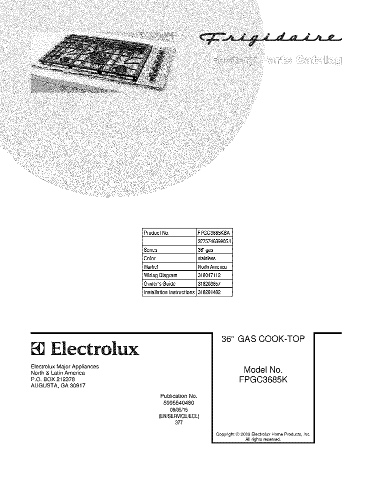 COVER Diagram and Parts List for FPGC3685KSA  Frigidaire Cooktop