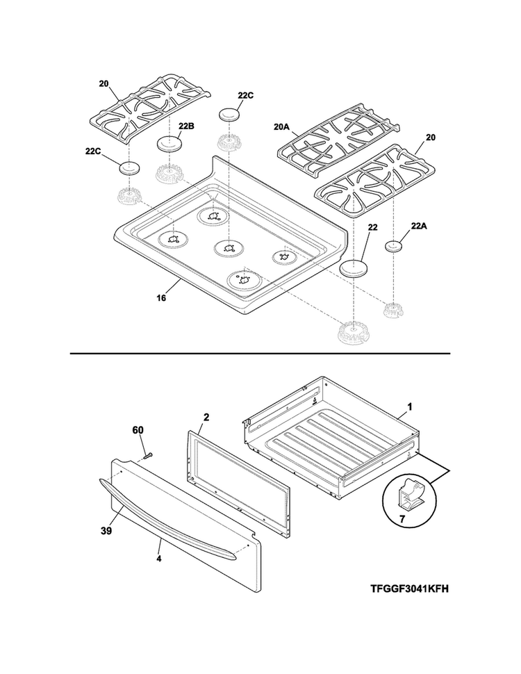 Top/drawer Diagram and Parts List for LGGF3044LFH  Frigidaire Range