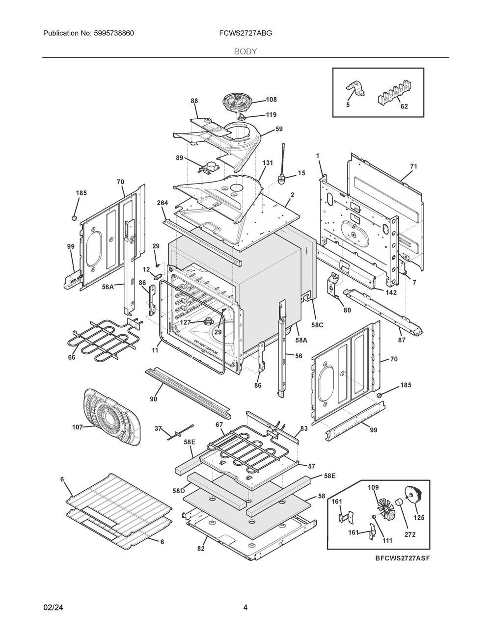 Body Diagram and Parts List for FCWS2727ABG  Frigidaire Wall Oven