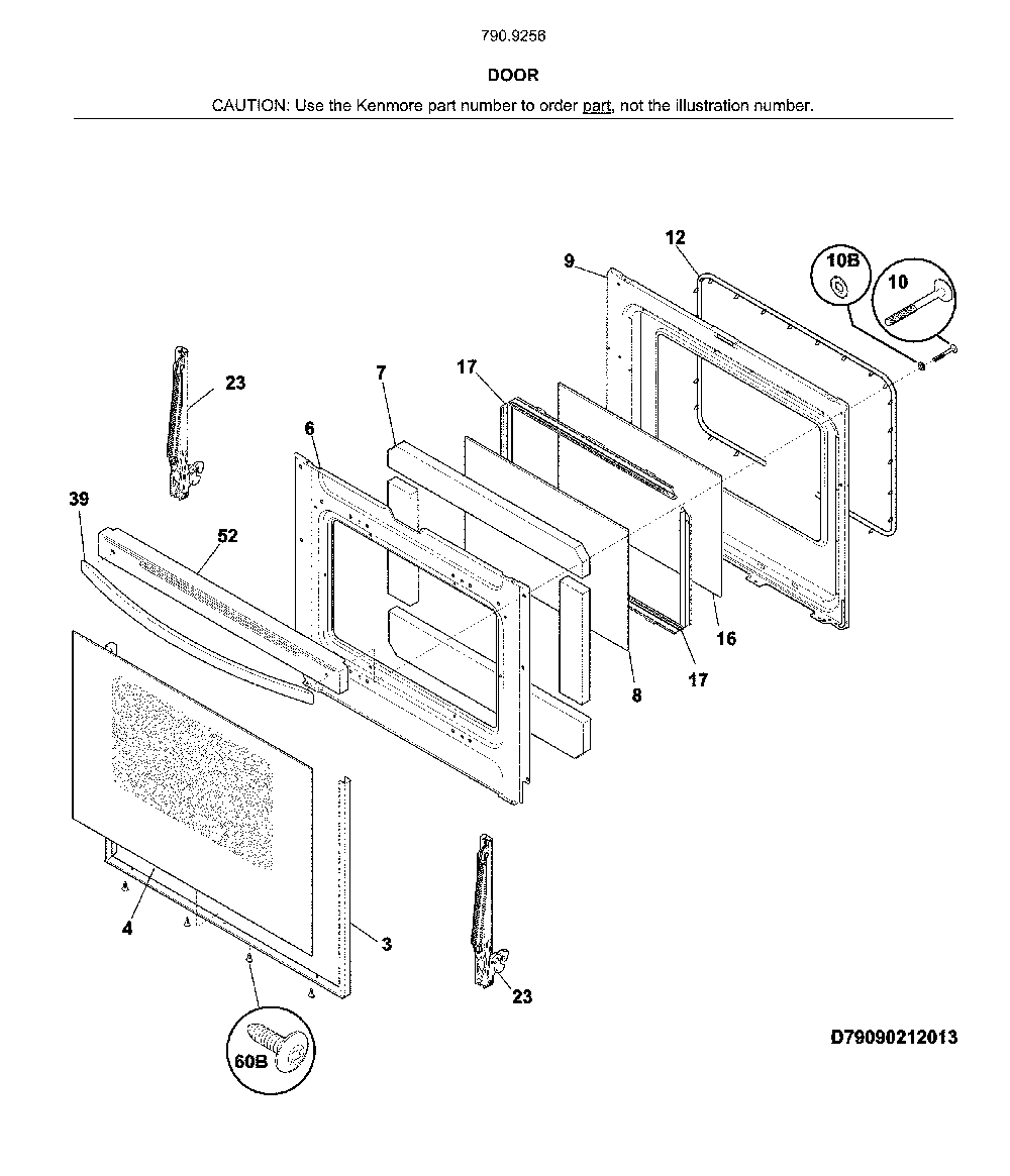 Door Diagram and Parts List for 79092562810  Kenmore Range