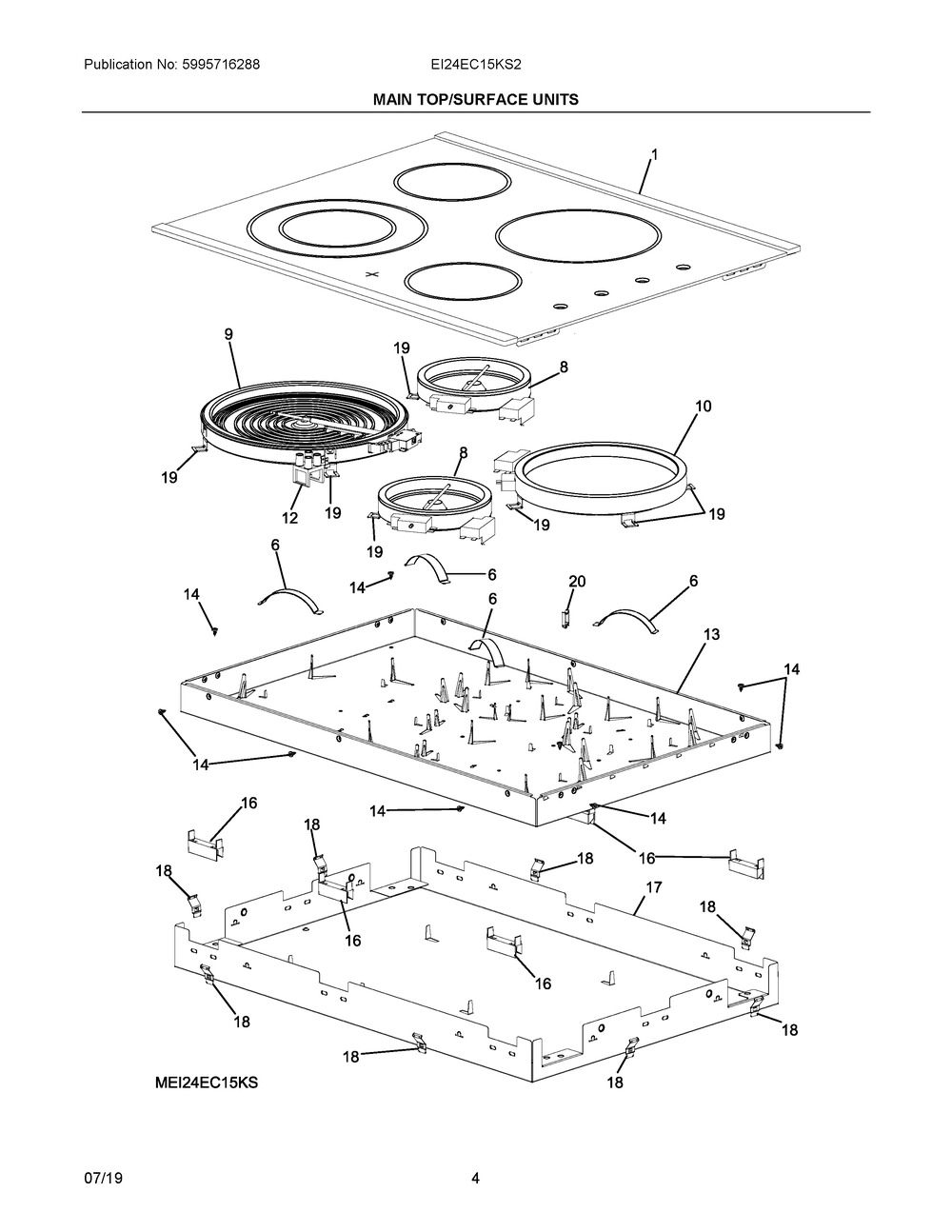 Main Top/surface Units Diagram and Parts List for EI24EC15KS2  Frigidaire Cooktop