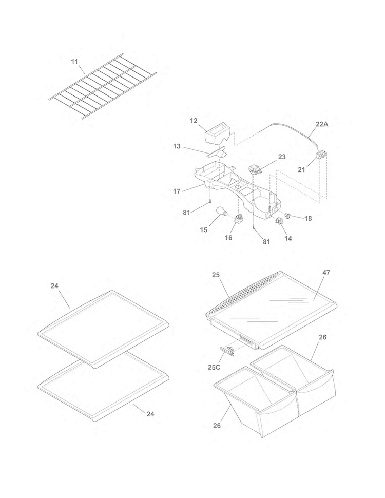 Shelves Diagram and Parts List for FFTR18D2PS3  Frigidaire Refrigerator