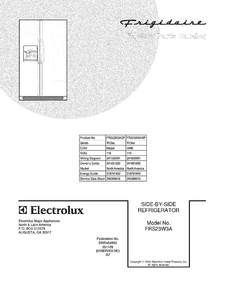 COVER Diagram and Parts List for FRS23W3AWP  Frigidaire Refrigerator