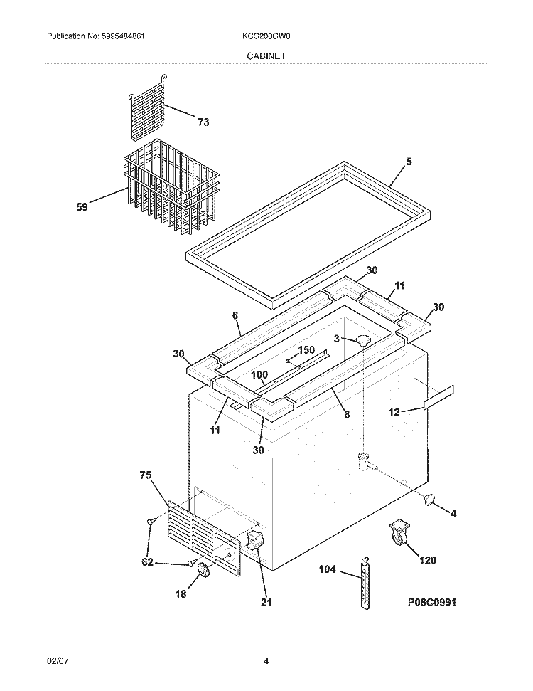 CABINET Diagram and Parts List for KCG200GW0  Kelvinator Freezer