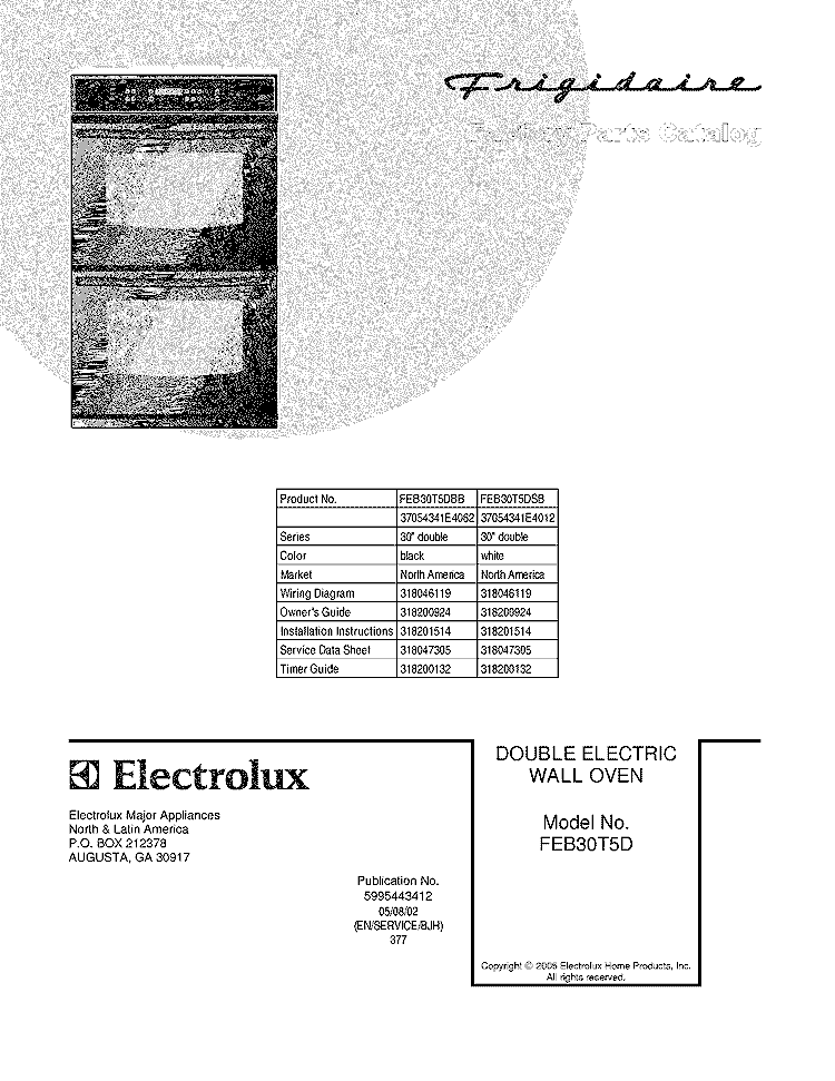 COVER Diagram and Parts List for FEB30T5DSB  Frigidaire Wall Oven