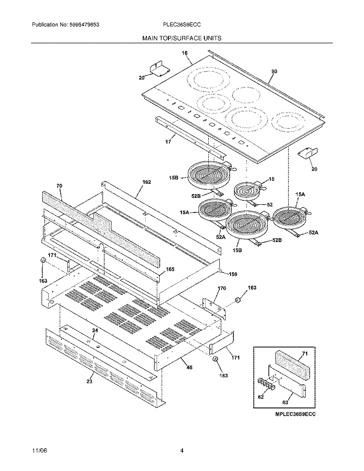 MAINTOP Diagram and Parts List for PLEC36S9ECC  Frigidaire Cooktop