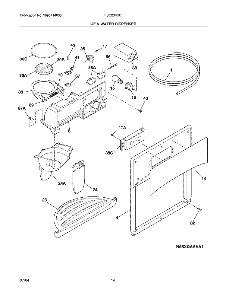 ICE & WATER DISPENSER Diagram and Parts List for FSC23R5DB0  Frigidaire Refrigerator