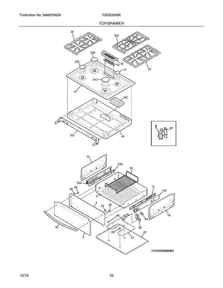 TOP/DRAWER Diagram and Parts List for FGGS3065KBC  Frigidaire Range