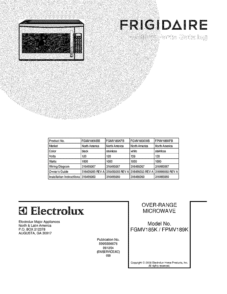 COVER Diagram and Parts List for FGMV185KWB  Frigidaire Microwave