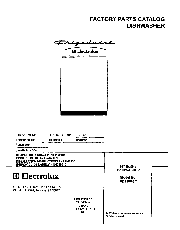 COVER Diagram and Parts List for FDBS956CC0  Frigidaire Dishwasher