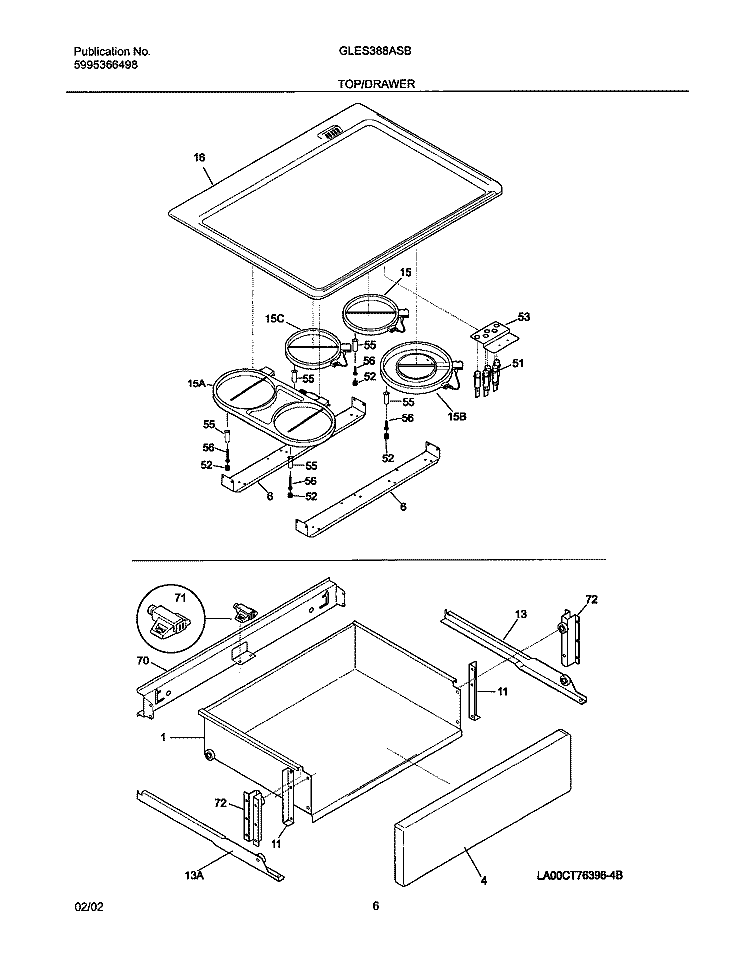 TOP / DRAWER Diagram and Parts List for GLES388ASB  Frigidaire Range