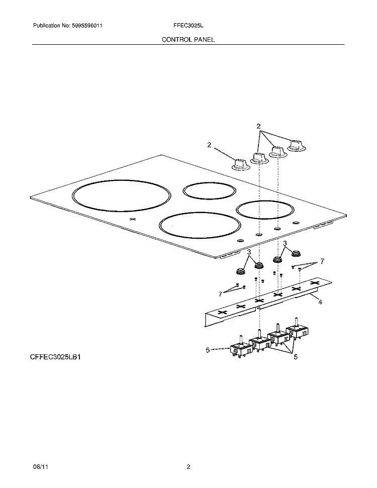 CONTROL PANEL Diagram and Parts List for FFEC3025LW1  Frigidaire Cooktop