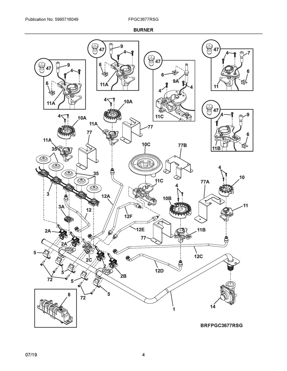 Burner Diagram and Parts List for FPGC3677RSG  Frigidaire Cooktop