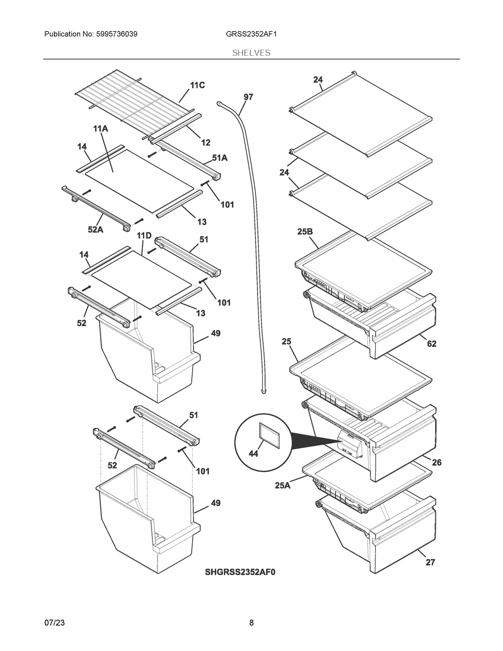 Shelves Diagram and Parts List for GRSS2352AF1  Frigidaire Refrigerator