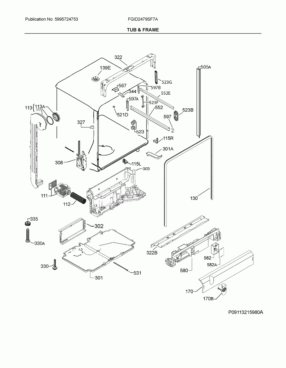 Frame & tub Diagram and Parts List for FGID2479SF7A  Frigidaire Dishwasher