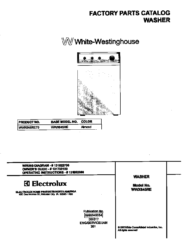 Cover Diagram and Parts List for WWX645RET0  Westinghouse Washer