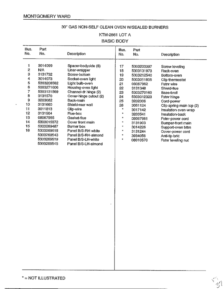 Basic Body Page 2 Diagram and Parts List for 2861A  Frigidaire Range