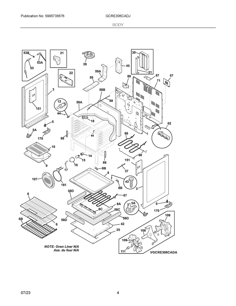Body Diagram and Parts List for GCRE306CADJ  Frigidaire Range