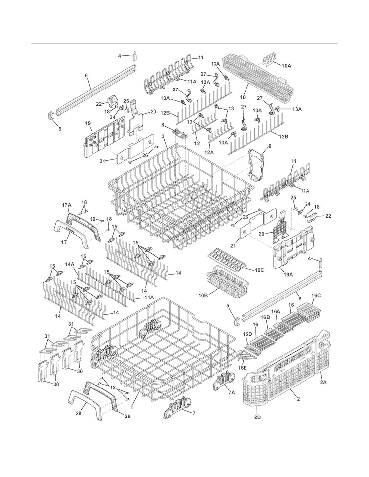 Racks Diagram and Parts List for EWDW6505GW1C  Electrolux Dishwasher