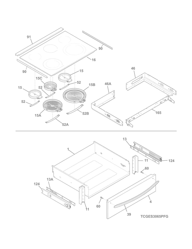 Top/drawer Diagram and Parts List for FGES3065PFG  Frigidaire Range